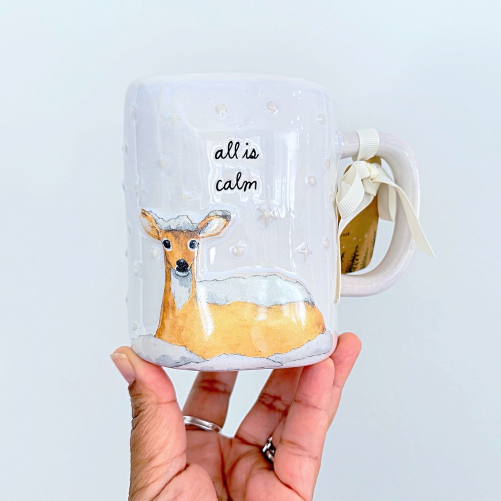 Rae Dunn All Is Calm Deer Pearlized White Christmas Mug with Deer Design